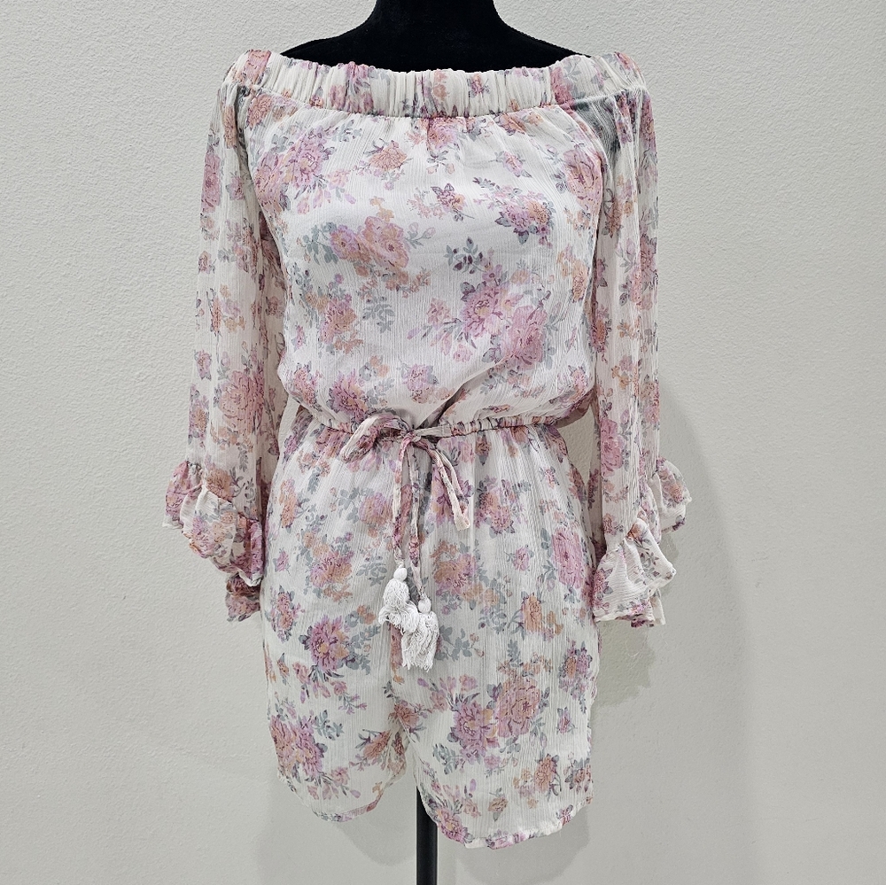 Blush Ivory And Pink Floral Print Ruffled Tie Front Romper